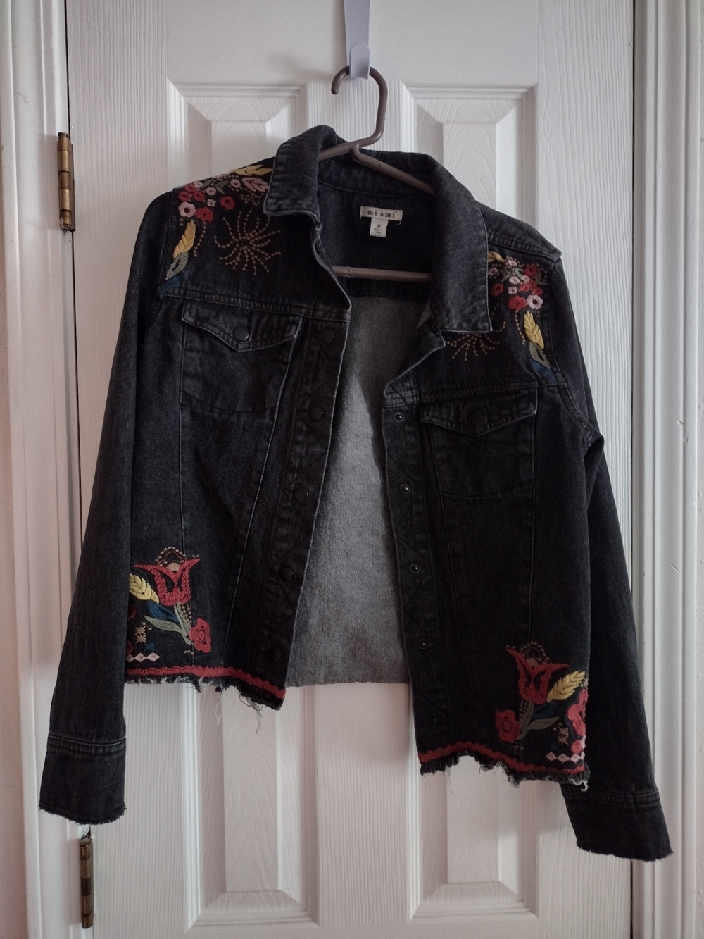 miami Black Embroidered Denim Jacket with Floral Accents